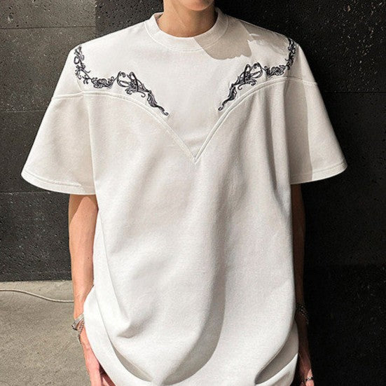 デザインエンブロイダリー パッドショルダー ハーフスリーブTシャツ