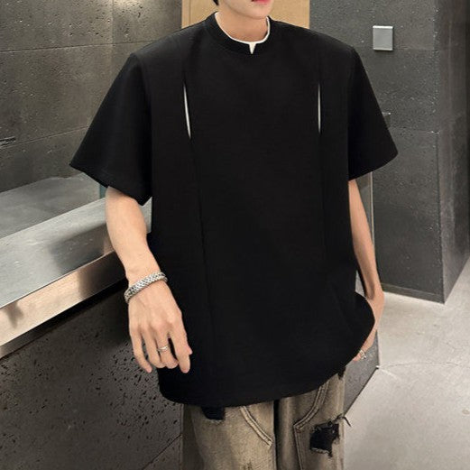 フェイクレイヤード パッドショルダー ハーフスリーブTシャツ