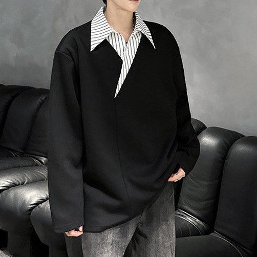 フェイクレイヤード ネックストライプ ロングスリーブカラーTシャツ