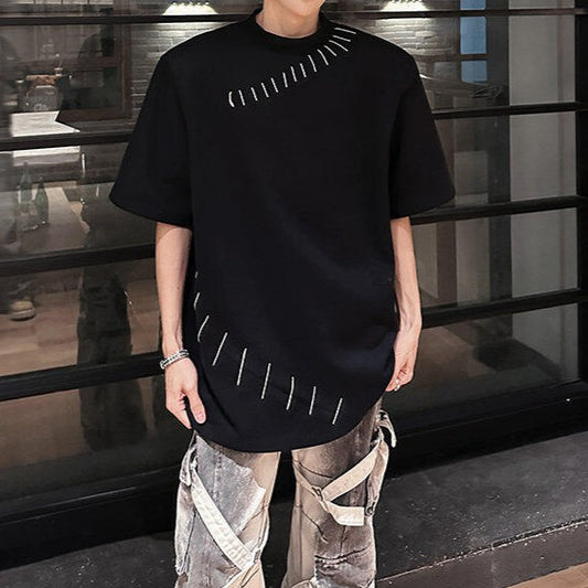 ハンドステッチデザイン パッドショルダー ハーフスリーブTシャツ