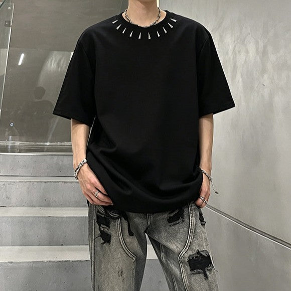 ネックラインメタル パッドショルダー ハーフスリーブTシャツ