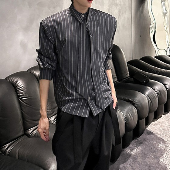 ストライプ パッドショルダー スタンドカラー ロングスリーブシャツ