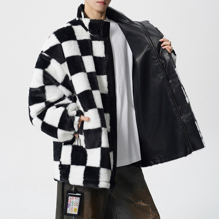リバーシブル チェックドパターン PUレザージャケット