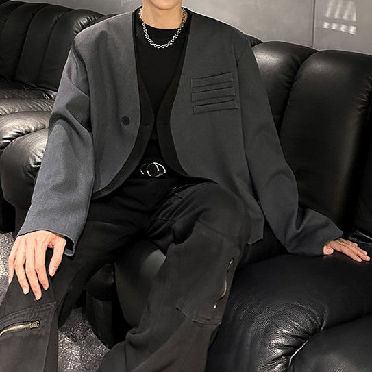 ツートンカラー ショート ノーカラー テーラードジャケット