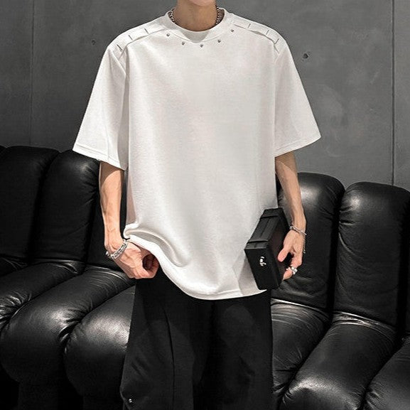 メタルリベット パッドショルダー ハーフスリーブTシャツ