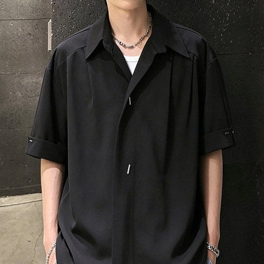 オッドシェイプボタン パッドショルダー ハーフスリーブシャツ