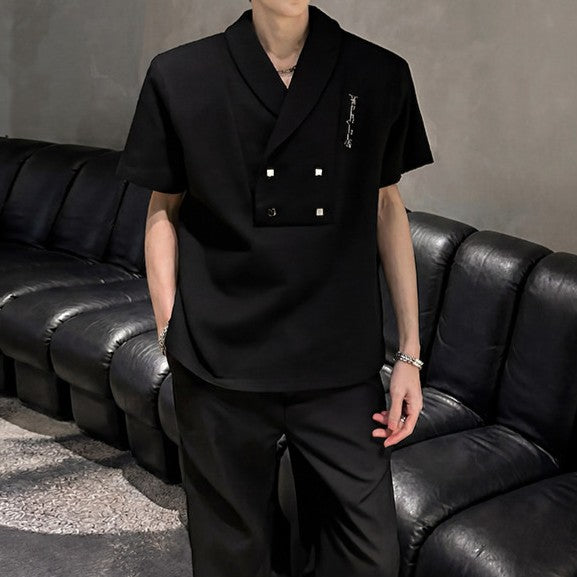 ダブルブレストVネック パッドショルダー ハーフスリーブTシャツ