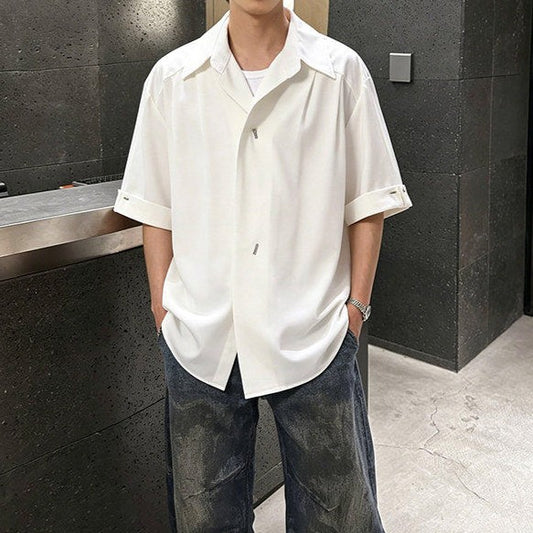オッドシェイプボタン パッドショルダー ハーフスリーブシャツ
