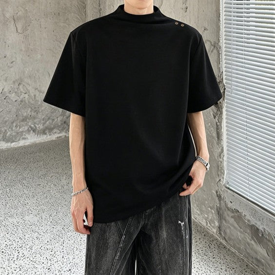 クロスオーバーカラー パッドショルダー ハーフスリーブTシャツ