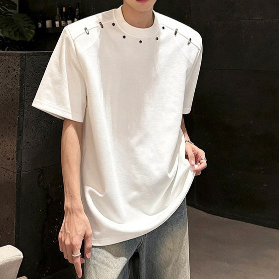 リベットデコレート パッドショルダー ハーフスリーブＴシャツ