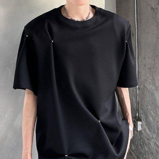 スナップボタンデザイン パッドショルダー ハーフスリーブＴシャツ