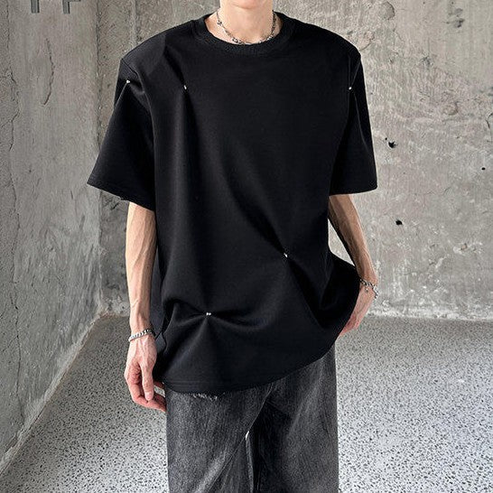 スナップボタンデザイン パッドショルダー ハーフスリーブＴシャツ