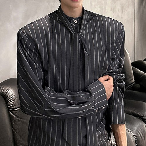 ストライプ パッドショルダー スタンドカラー ロングスリーブシャツ