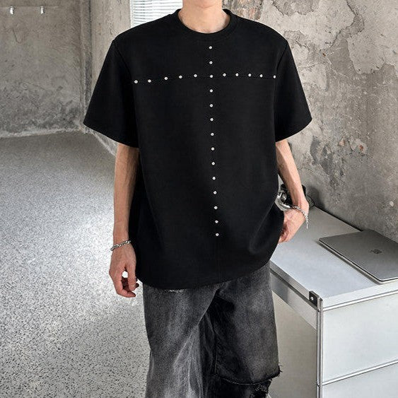 スタッズクロス パッドショルダー ハーフスリーブTシャツ
