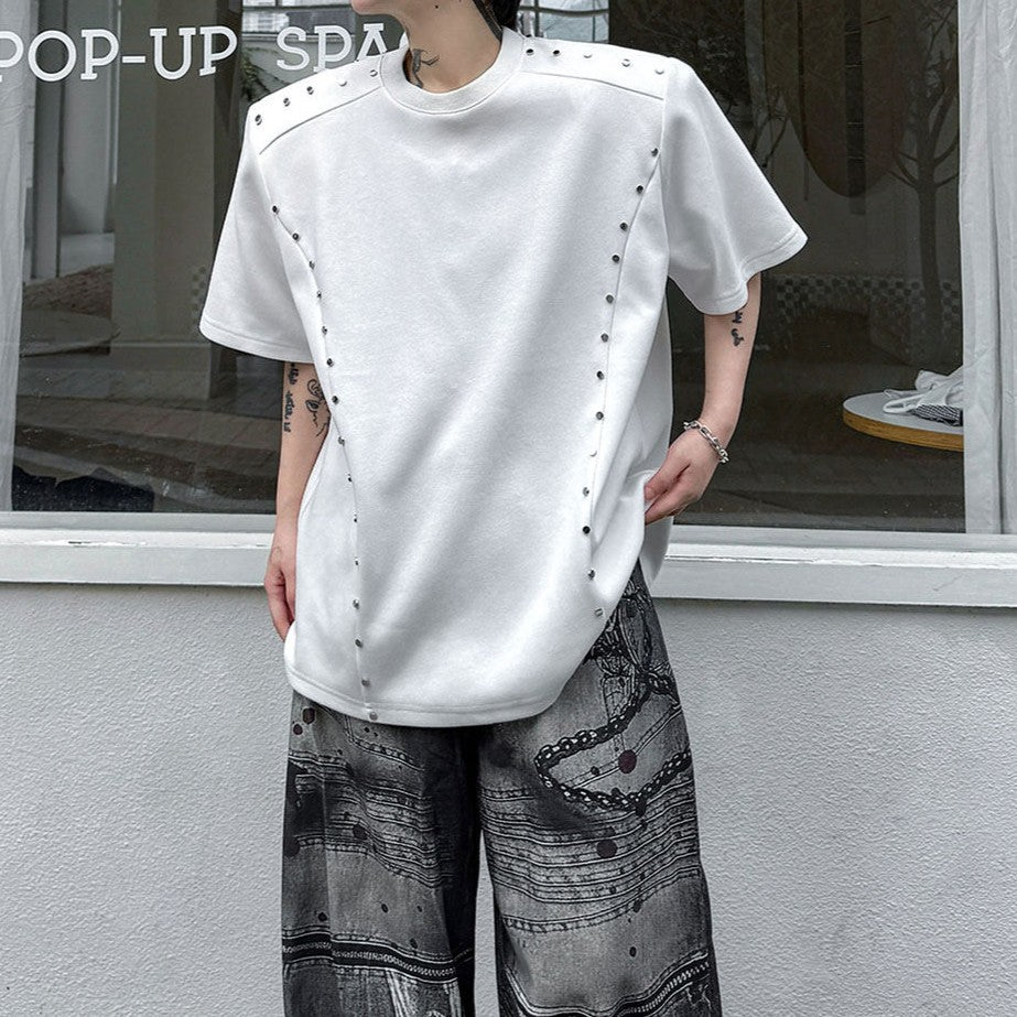 メタルリベットライン パッドショルダー ハーフスリーブTシャツ