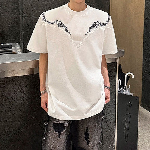 デザインエンブロイダリー パッドショルダー ハーフスリーブTシャツ