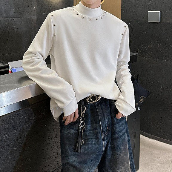 スタッズデザイン ロングスリーブ ハイネックTシャツ