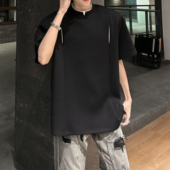 フェイクレイヤード パッドショルダー ハーフスリーブTシャツ