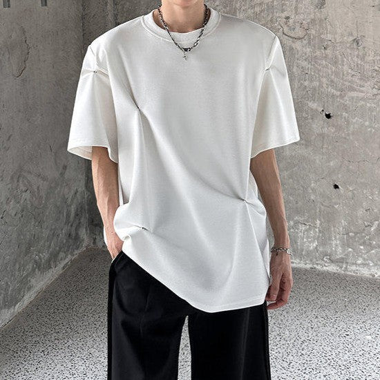 スナップボタンデザイン パッドショルダー ハーフスリーブＴシャツ