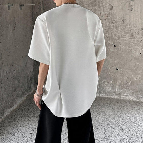 スナップボタンデザイン パッドショルダー ハーフスリーブＴシャツ