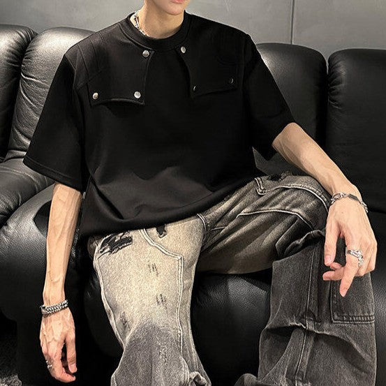 スプリットデザイン パッドショルダー ハーフスリーブTシャツ