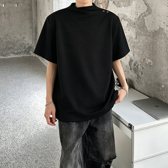 クロスオーバーカラー パッドショルダー ハーフスリーブTシャツ
