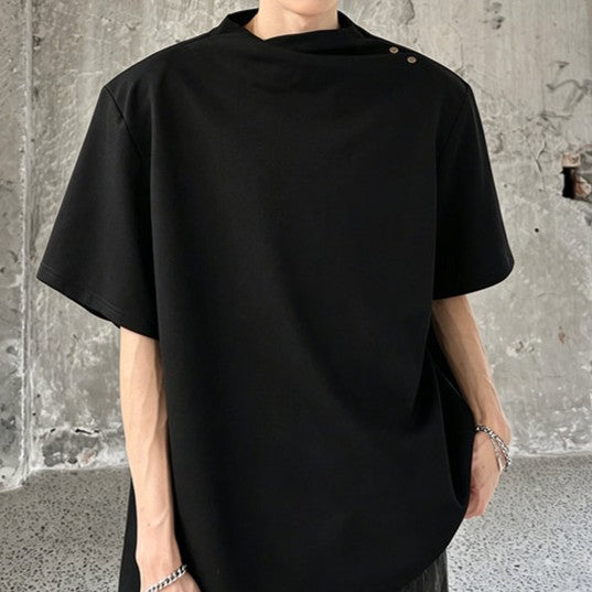 クロスオーバーカラー パッドショルダー ハーフスリーブTシャツ