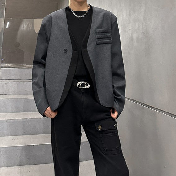 ツートンカラー ショート ノーカラー テーラードジャケット