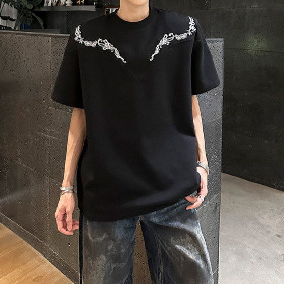 デザインエンブロイダリー パッドショルダー ハーフスリーブTシャツ