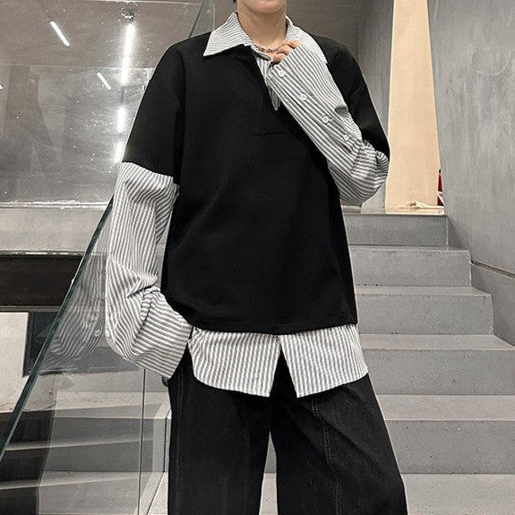 フェイクレイヤード カラーストライプ ロングスリーブシャツ