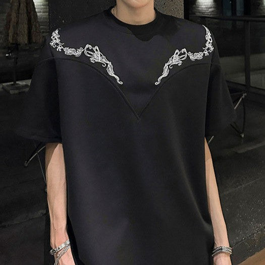 デザインエンブロイダリー パッドショルダー ハーフスリーブTシャツ