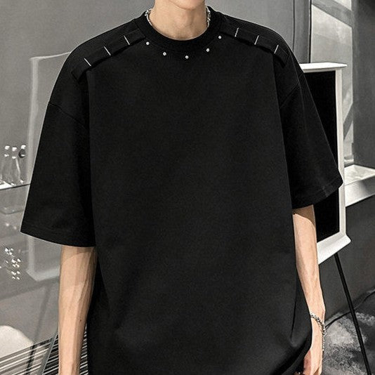メタルリベット パッドショルダー ハーフスリーブTシャツ