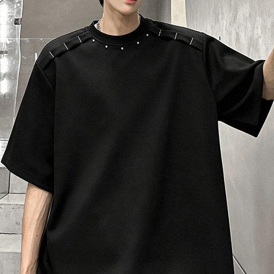 メタルリベット パッドショルダー ハーフスリーブTシャツ