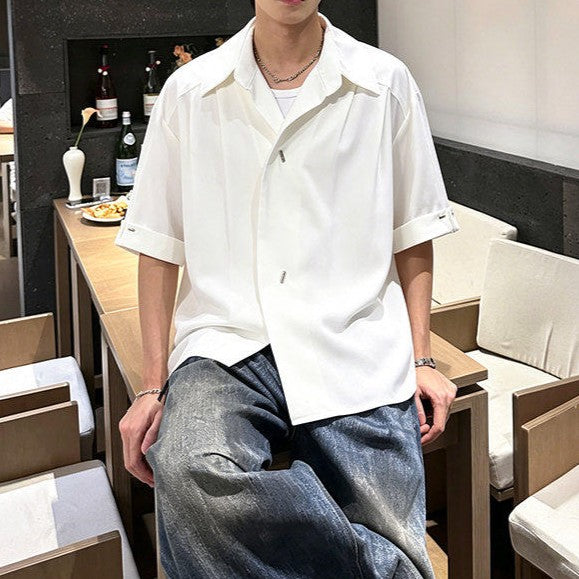 オッドシェイプボタン パッドショルダー ハーフスリーブシャツ