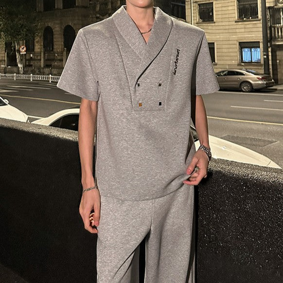 ダブルブレストVネック パッドショルダー ハーフスリーブTシャツ