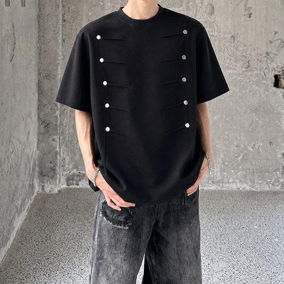 ツーラインズスタッズ パッドショルダー ハーフスリーブTシャツ