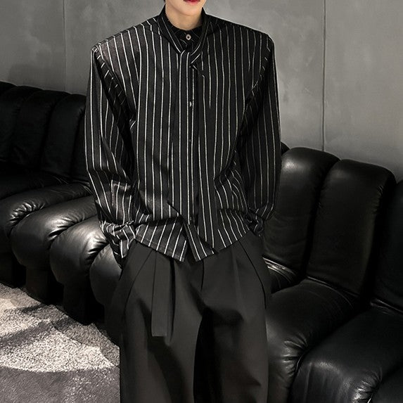 ストライプ パッドショルダー スタンドカラー ロングスリーブシャツ