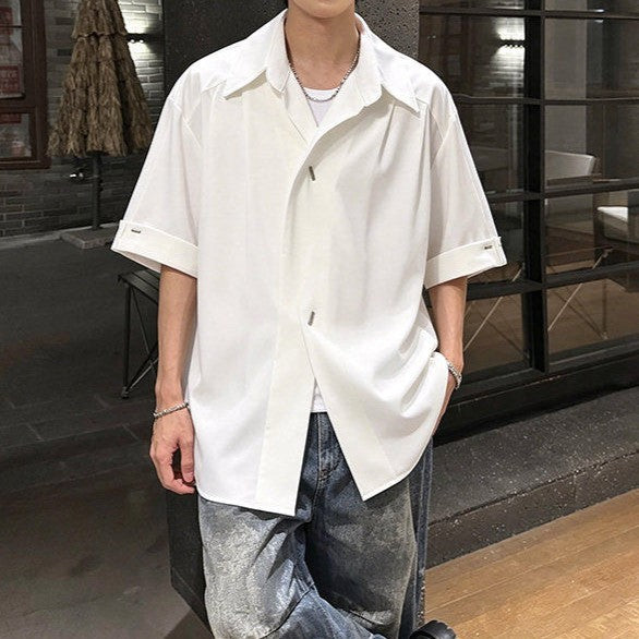 オッドシェイプボタン パッドショルダー ハーフスリーブシャツ
