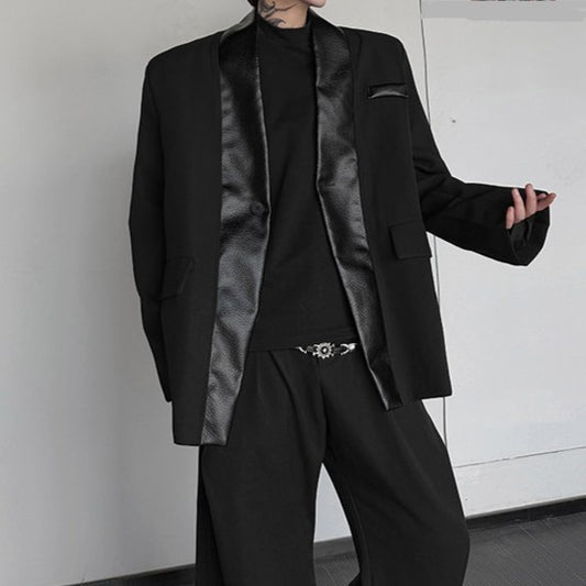 パッチワークPUレザー ショールカラージャケット