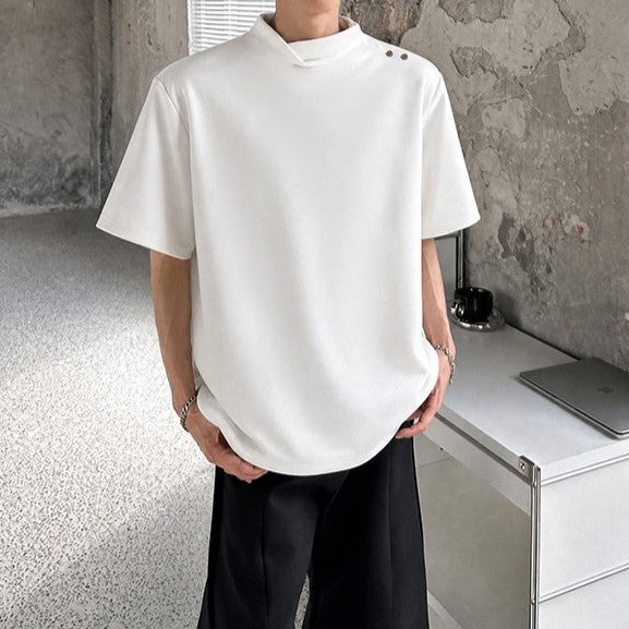 クロスオーバーカラー パッドショルダー ハーフスリーブTシャツ