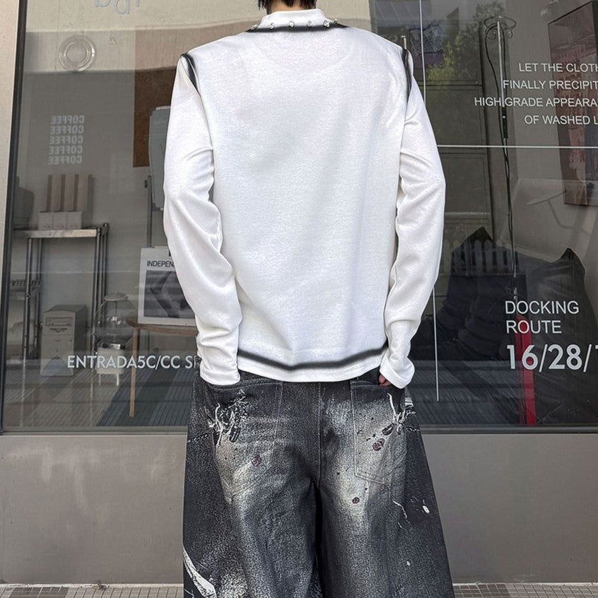 グラフィティ ラインストーン ハイネック ロングスリーブTシャツ